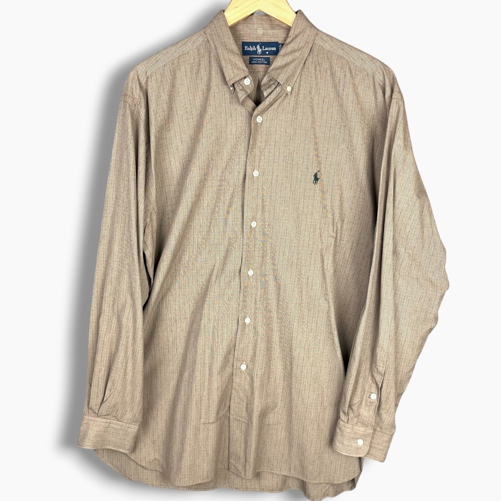 Ralph Lauren McMeel Mens Large Brown Plaid Cotton Button Down Shirt Long Sleeve